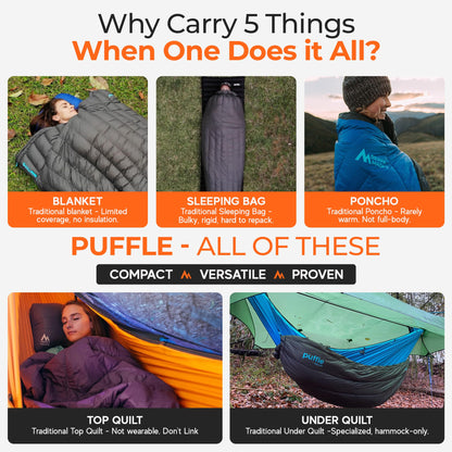 Sierra Madre Puffle 40 Camping Blanket – 5-in-1 Packable Warm Puffy Camping Quilt, Sleeping Bag & Camp Blanket – Lightweight, Water-Resistant Backpacking Quilt for Hiking, Travel & Outdoor Adventures