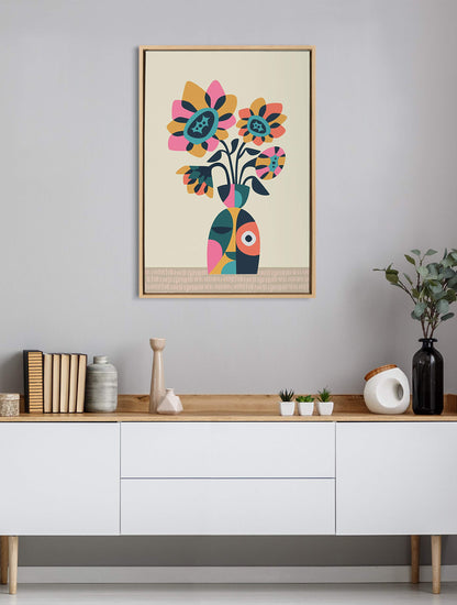 Kate and Laurel Sylvie Mid Century Modern Sunflowers Framed Canvas Wall Art by Rachel Lee of My Dream Wall, 23x33 Natural, Floral Art for Wall