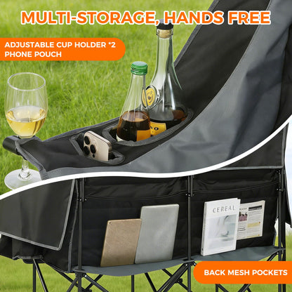 Pcuauld Double Camping Chair with Canopy Heavy Duty 2 Person Folding Loveseat Beach Chair with Shade High Back Oversized Outdoor Camping Couch with Cup Holders & Wine Racks for Lawn, Fishing, Sports