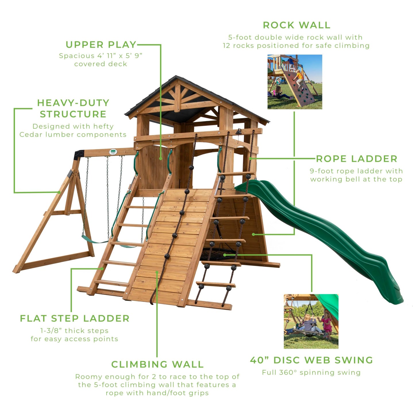Backyard Discovery Endeavor All Cedar Wood Swing Set Playset for Backyard with Large Clubhouse Wave Slide Rope Ladder Rock Climbing Wall Wave Slide 2 Belt Swings and 1 Web Swing Gift for Ages 3-10