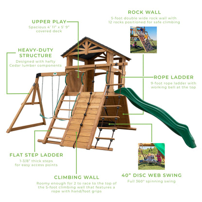 Backyard Discovery Endeavor All Cedar Wood Swing Set Playset for Backyard with Large Clubhouse Wave Slide Rope Ladder Rock Climbing Wall Wave Slide 2 Belt Swings and 1 Web Swing Gift for Ages 3-10