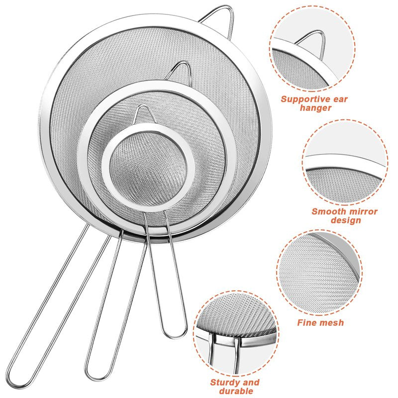 3Pcs Super Wire Extra Fine Mesh Strainer with Handle, Small Medium Large Size Sifter Metal Strainer Set, Stainless Steel Sieve Fine Mesh Strainers for Kitchen Rice Juice Quinoa Food Flour Baking YLYL