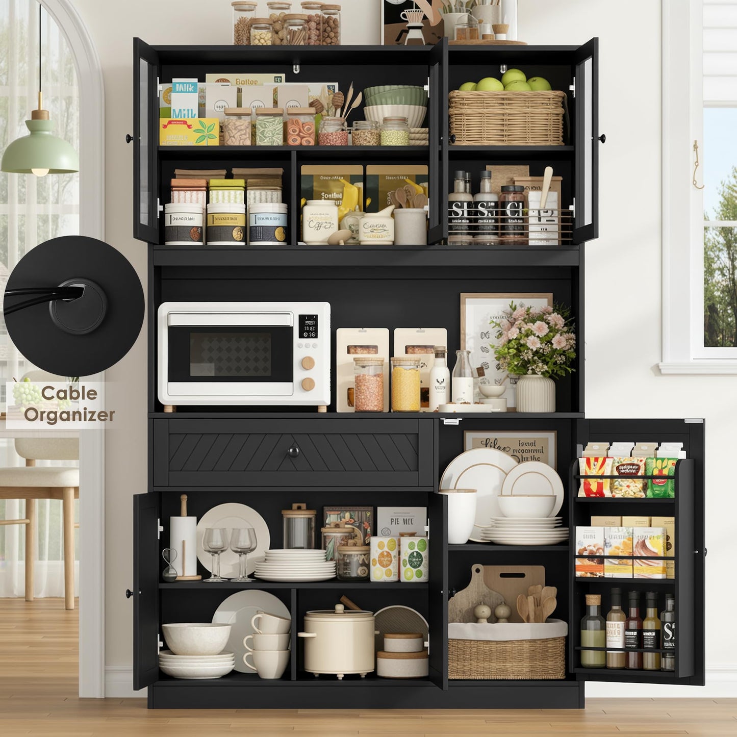 BOTLOG 72” Tall Kitchen Pantry Storage Cabinet, Modern White Kitchen Hutch with Large Storage Drawer, Countertop, Adjustable Shelves, Food Pantry Cabinets for Dining Room, Living Room (Black)