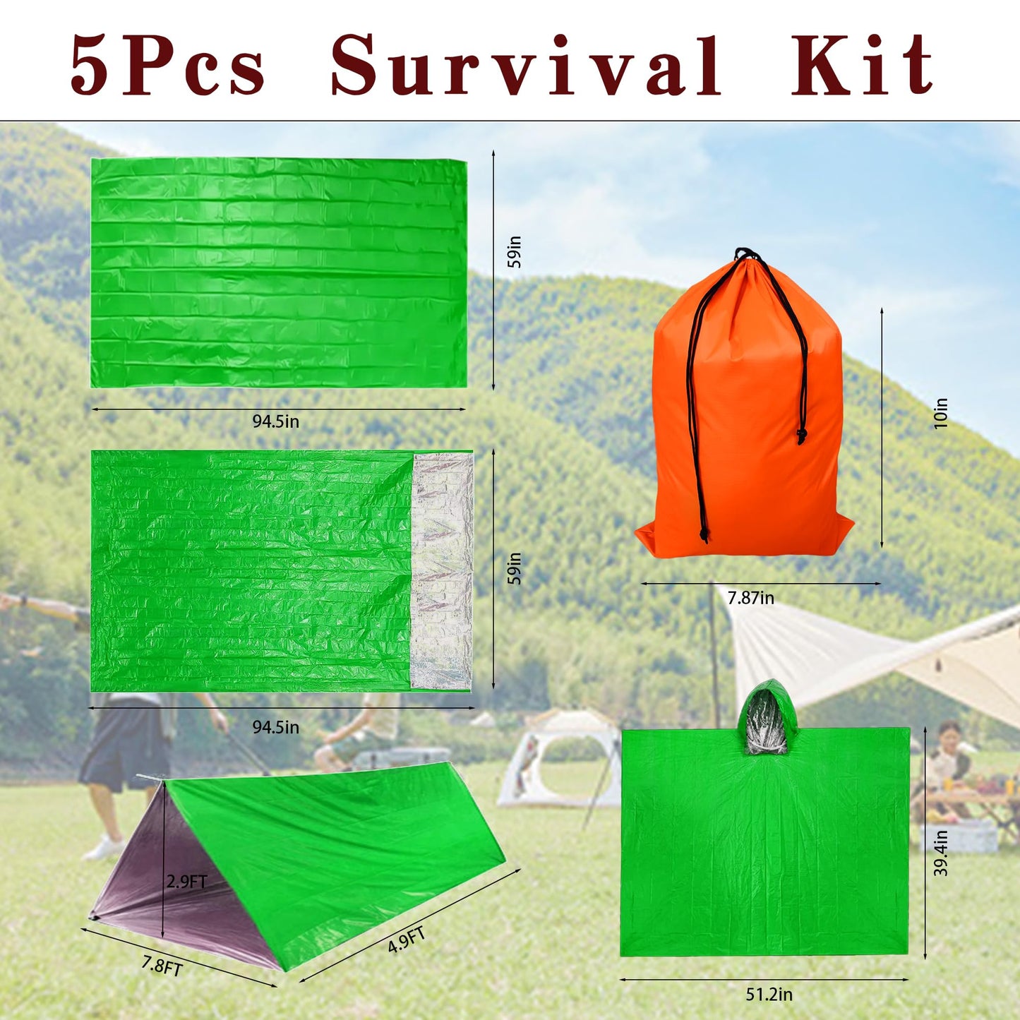 Eanpet 5Pcs Survival Kit Portable Survival Emergency Tents and Shelters Camping Blankets 2 Person Sleeping Bags Rain Ponchos for Adults Bulk for Outdoor Hiking,First Aid,Green