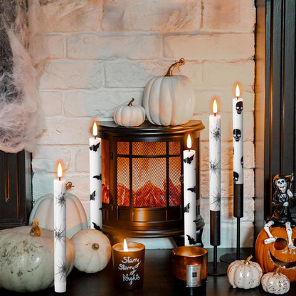 Wondise Halloween Flameless Taper Candles with Remote & Timer, Battery Operated with Spider Web, Bats, Skull, Real Wax 3D Wick LED Candles for Halloween Decorations