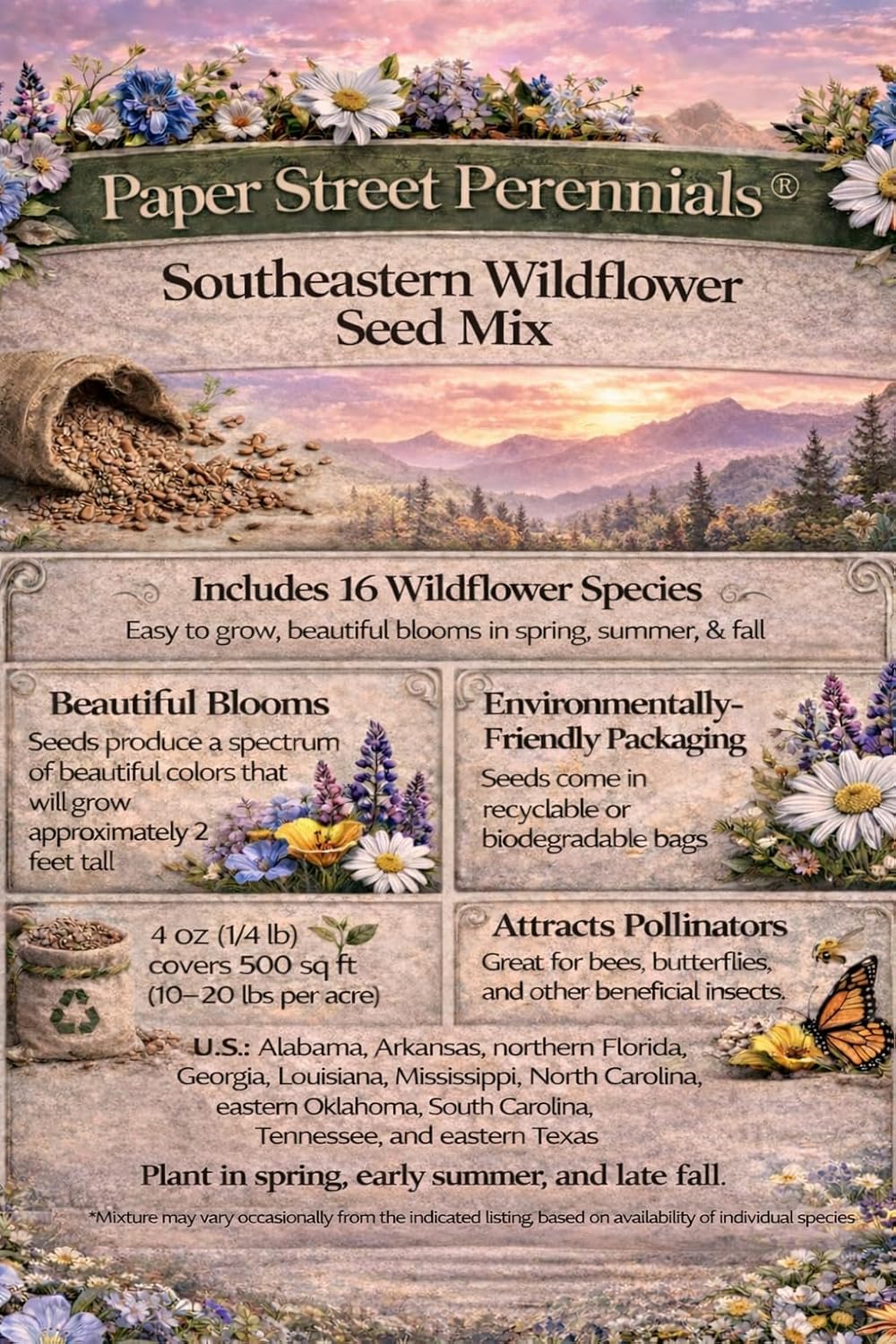 Southeastern US Wildflower Seed Mix - Attract Pollinators with Multi-Color Blooms | Covers 2,000 Sq Ft (1 lb)
