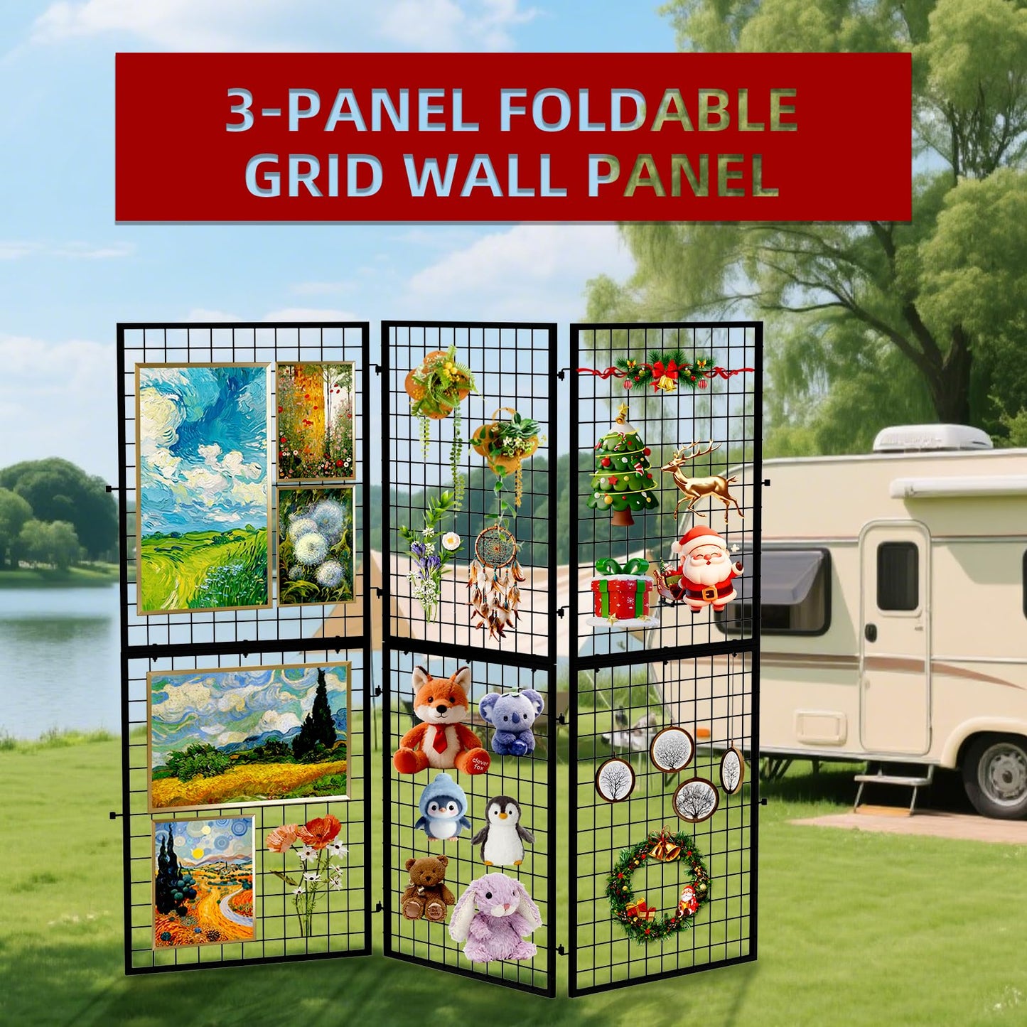 ATOLS 3-Pack Foldable Grid Wall Panels with 20 Hooks - 60" H x 76" W Heavy Duty Wire Grid Display Rack, Portable Z-Unit for Commercial Retail Store, Vendor Booth & Trade Shows