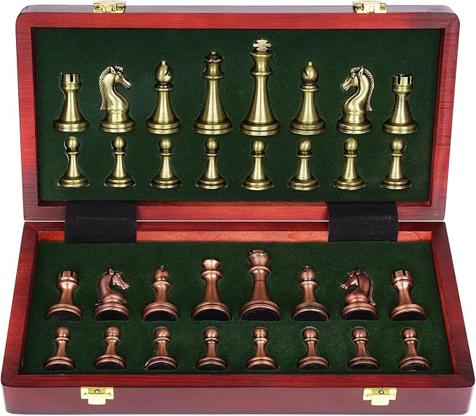 Agirlgle Retro Metal Chess Set with Folding Wooden Chess Board and Classic Handmade Standard Pieces Metal Chess Set for Kids Adult