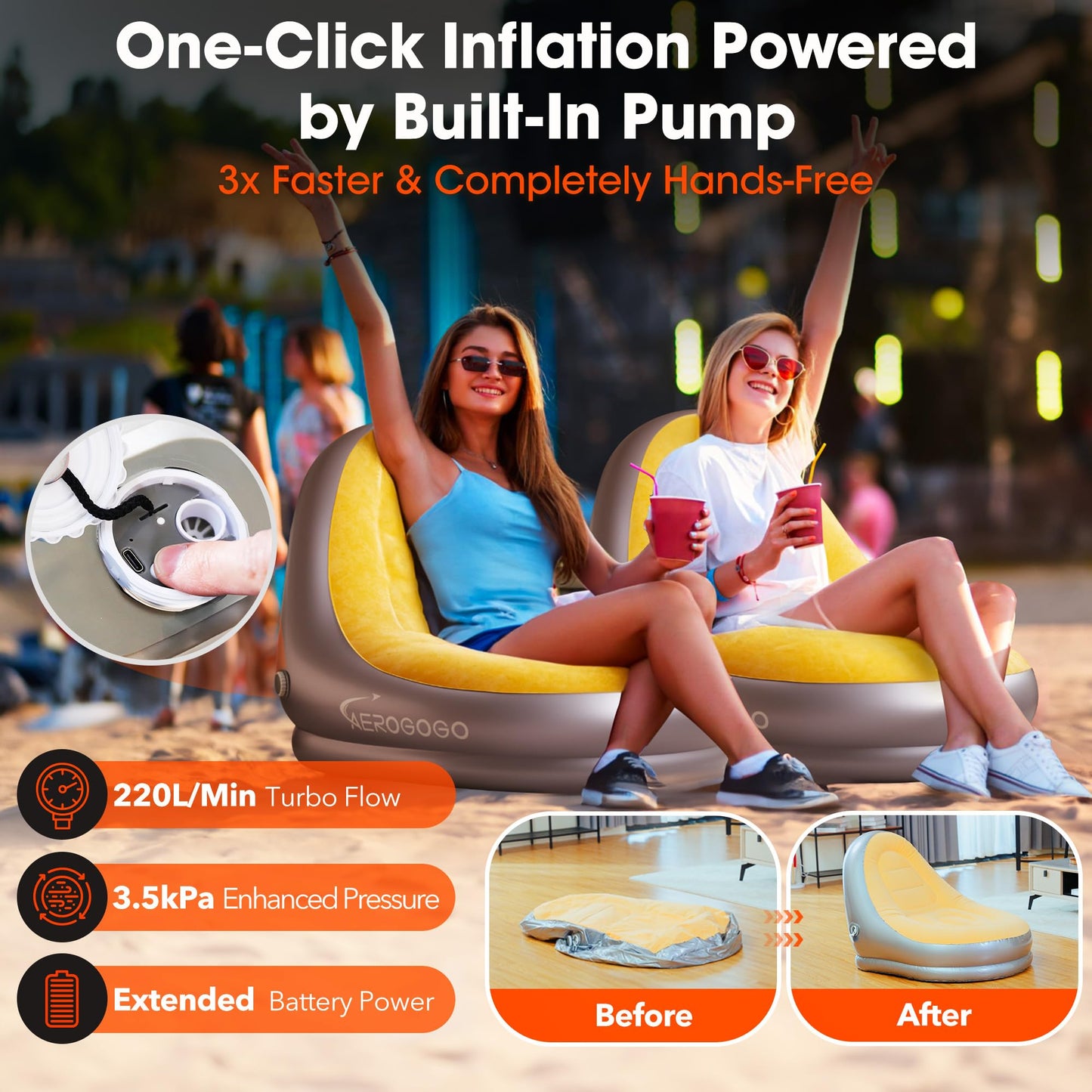 Inflatable Couch Self Inflatable Sofa, Air Couch with Built-in Air Pump Rechargeable Loveseat Bundled with Inflatable LazySofa