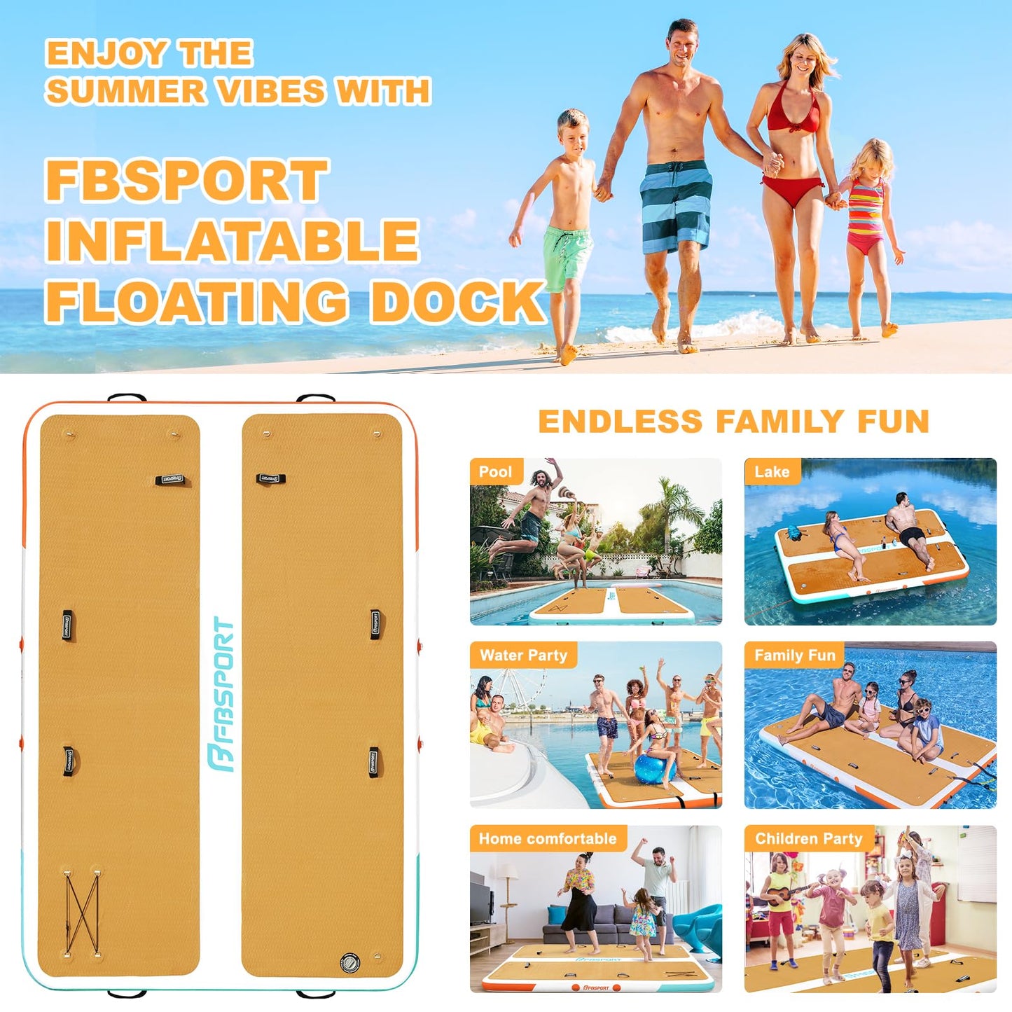 FBSPORT Inflatable Floating Dock, 10ft Inflatable Swim Platform Dock for Lake, Inflatable Water Floating Dock Mat with Non-Slip EVA Surface, Floating Island for Pool Beach Ocean 10x6.5x0.5ft,WoodGrain