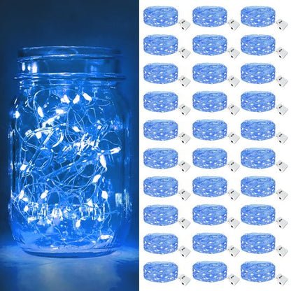 btfarm 30 Pack Fairy Lights Battery Operated [3 Modes], 7ft 20 Led Twinkle Lights String Lights Waterproof Bulk Small Mini Silver Wire for Mason Jars Vases Wedding Table Centerpiece, Blue