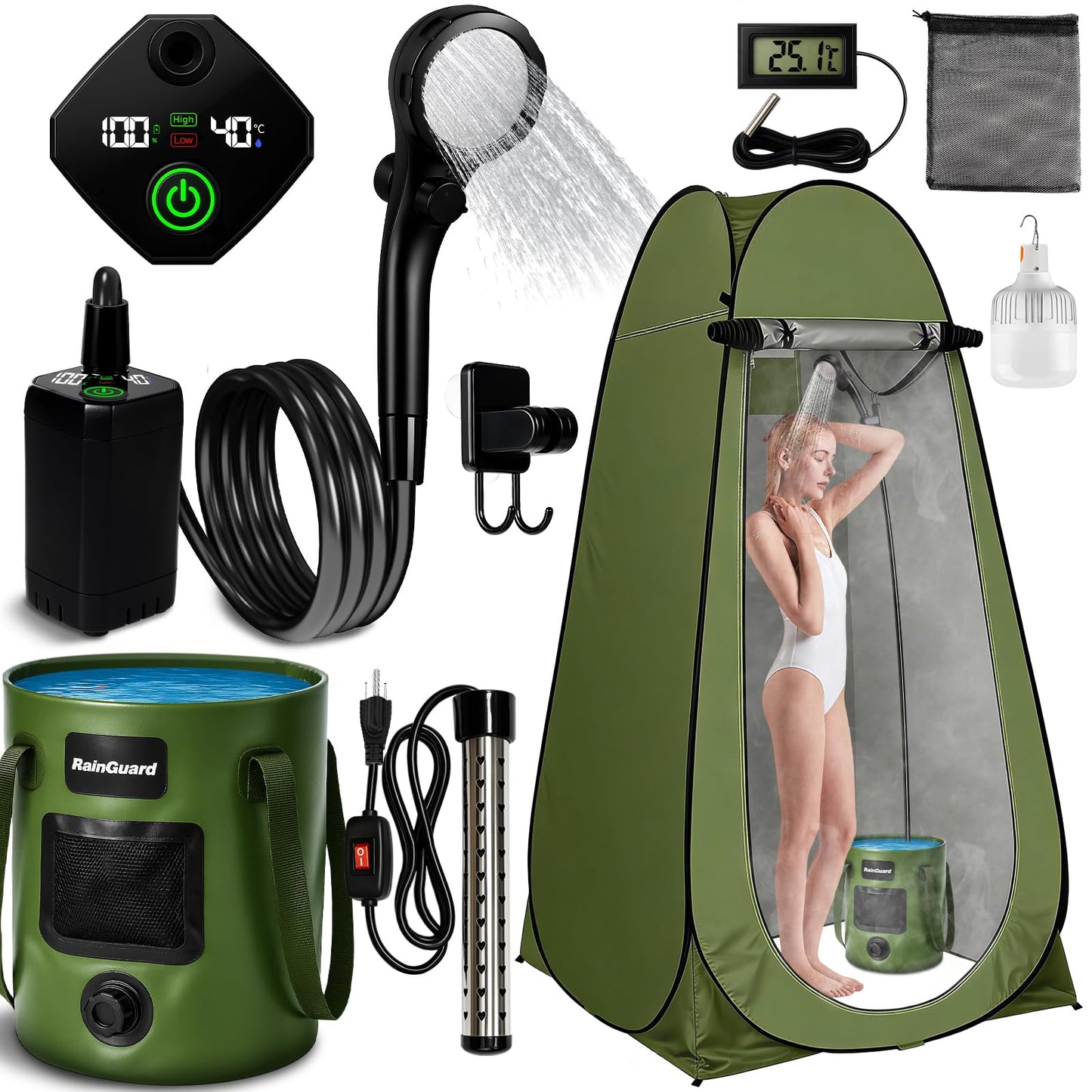 Motivekit™ Portable Camping Shower Tent Kit with LED Lights | 6.6 Gallons Foldable Bucket, 6000mAh Shower Pump, 6' 7" Shower Head, 1500W Immersion Heater, Summer Beach Outdoor Shower for Hiking Beach