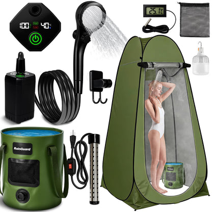 Motivekit™ Portable Camping Shower Tent Kit with LED Lights | 6.6 Gallons Foldable Bucket, 6000mAh Shower Pump, 6' 7" Shower Head, 1500W Immersion Heater, Summer Beach Outdoor Shower for Hiking Beach