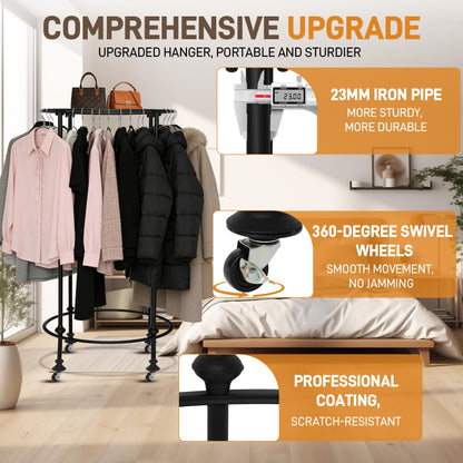 Gereat Dual-Form Rolling Round Clothing Rack, 330LBS Heavy Duty Garment Rack with Wheels or Leveling Feet, Rotating Commercial Retail Display Rack with Wood Topper for Boutique & Laundry Room