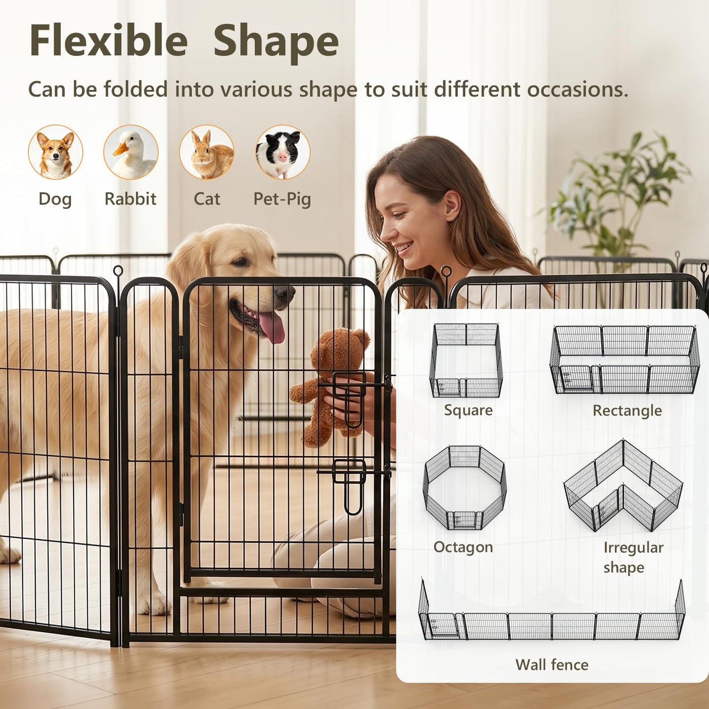 MAKE CHANGES Metal Dog Playpen - 32" Height 8 Panels Foldable Exercise Pen for Dogs Indoor/Outdoor Pen with Door for Pet Animals Portable Pet Playpen Polygon Dog Enclosure (Black)