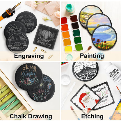 48 PCS Round Slate Drinks Coasters Bulk for Laser Engraving, MAPRIAL 4 Inch Handmade Black Rustic Stone Coaster Laser Blanks with Anti-Scratch Backing for Engraver, Wedding, Gifts, Home Decor, Bar