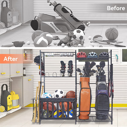 WALMANN Garage Sports Equipment Organizer, Golf Bag Stand for Garage Ball Storage Rack Indoor/Outdoor Kids Toys Storage Organizer Bins, Ball Holder with Baskets