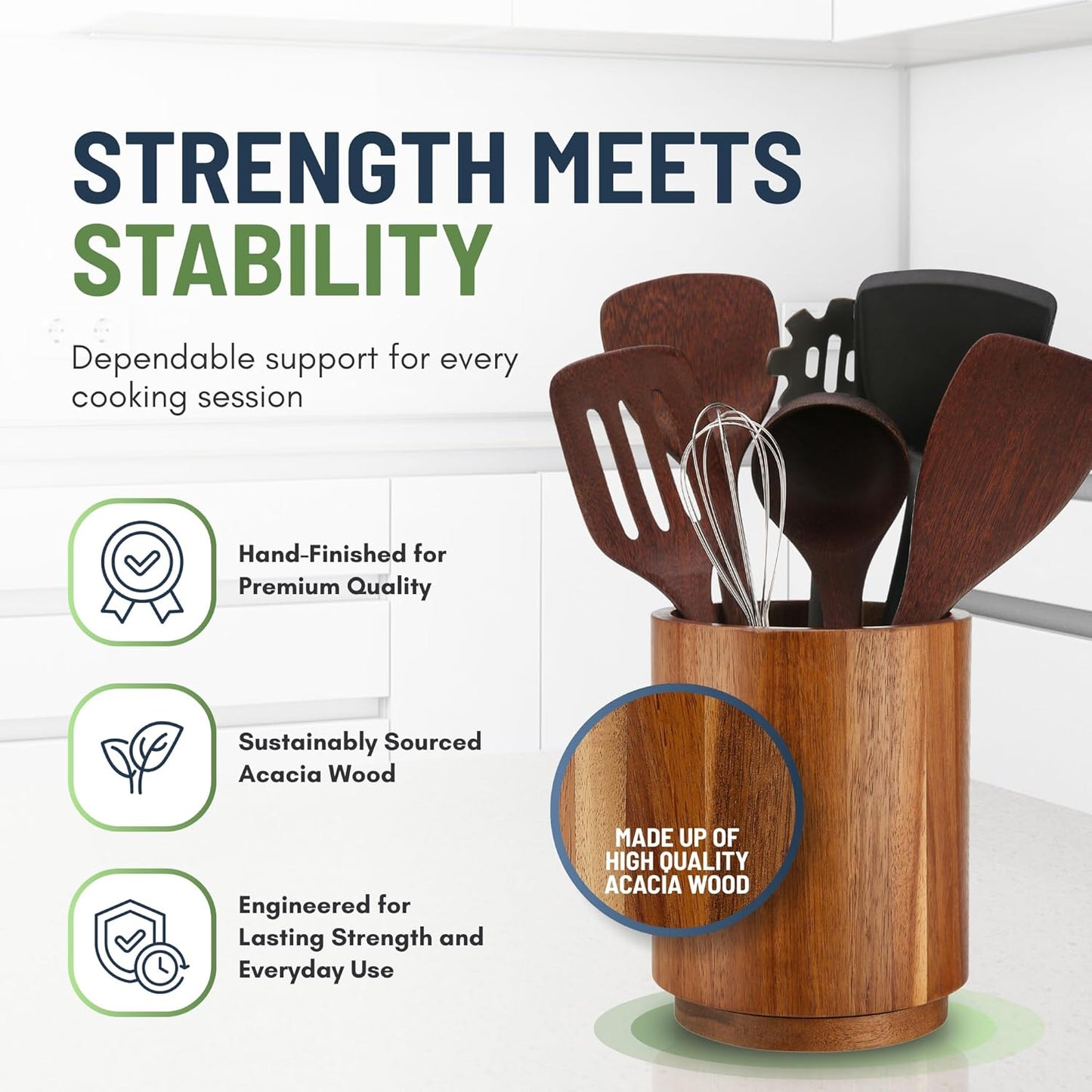 Linda's Essentials Acacia Wooden Utensil Holder - 360° Rotating Non-Slip Design for Kitchen Counter