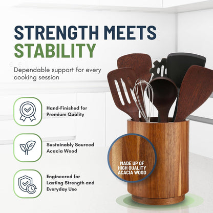 Linda's Essentials Acacia Wooden Utensil Holder - 360° Rotating Non-Slip Design for Kitchen Counter