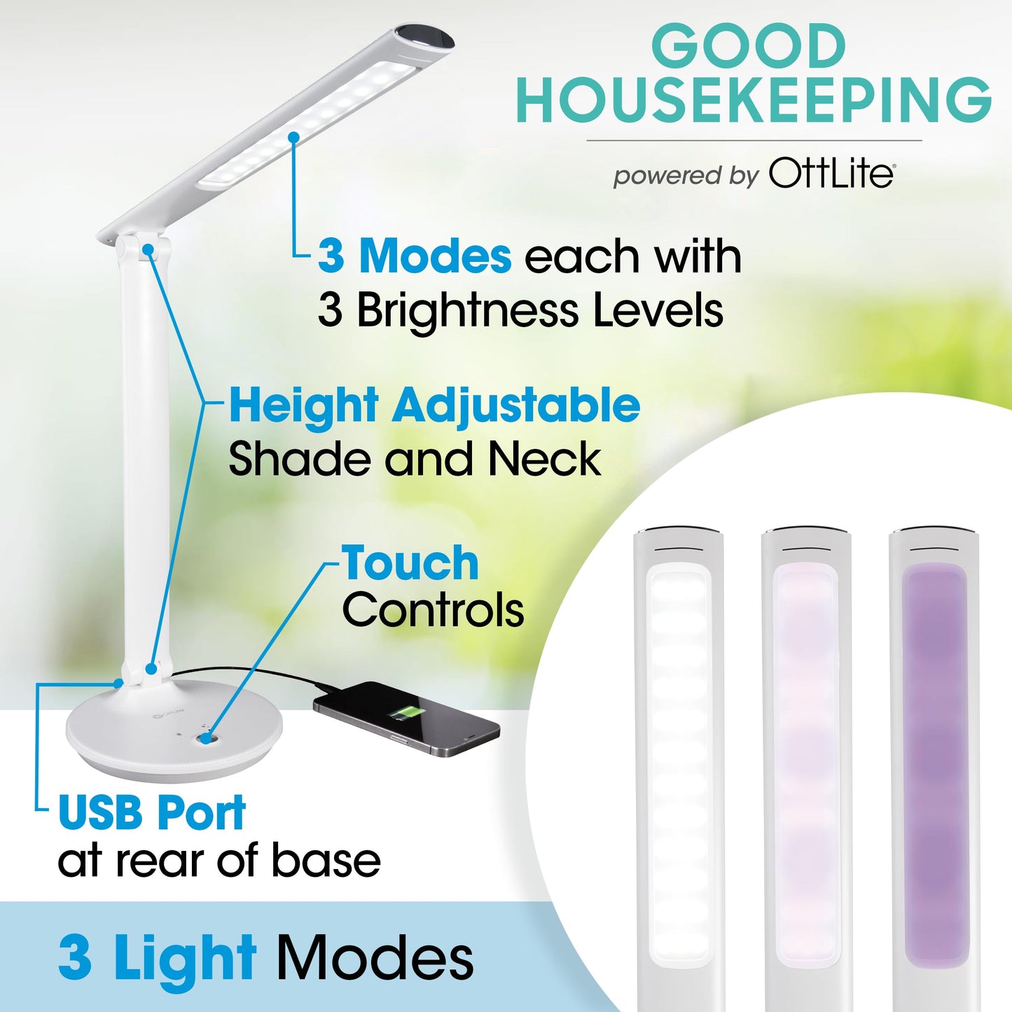 OttLite Desk Lamp with USB Charging & Good Housekeeping Sanitizing Light, LED Desk Lamp, Book & Reading Lights, Touch Activated, Flexible Neck, Stand & Desk Light for Home Office