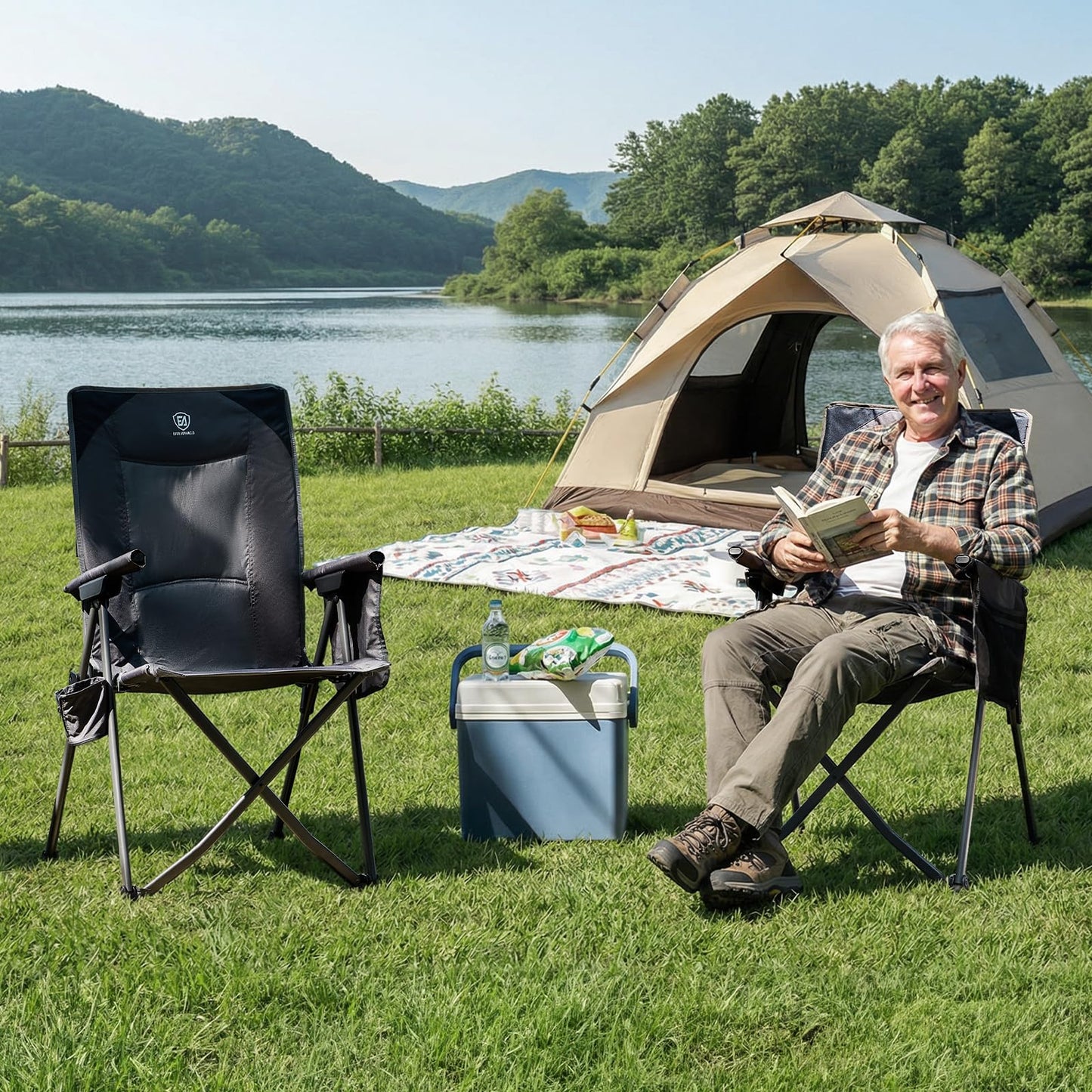 EVER ADVANCED Reclining Camping Chairs for Adult Lightweight, Folding Recliner Chair with Adjustable Back, 4-Level Lounge Chairs, Portable Lawn Chairs for Patio Balcony, Supports 350lbs Grey