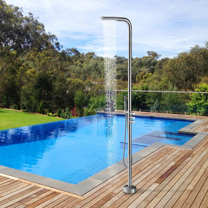 RBROHANT Outdoor Shower Brass Outside Shower Kit for Backyard Garden Pool Beach, Freestanding Outdoor Shower Fixtures with Overhead Shower Head and Handheld, Floor Mounted, Brushed Nickel, RB0089