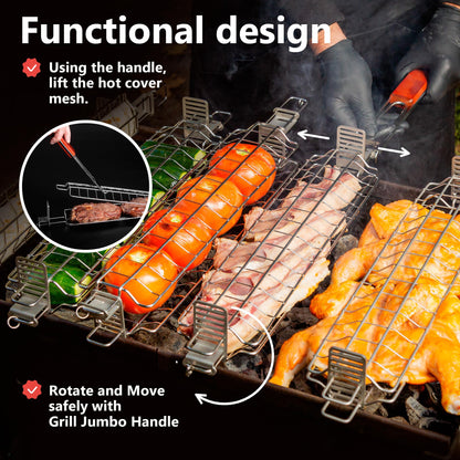 GRILL JUMBO - Set of Grate Basket Adjustable Meshes for Grilling for Charcoal, Gas Grill, Tandoor BBQ, Smoker for Home, Outdoor, Restaurant (Stainless steel, Grill Jumbo Basic)