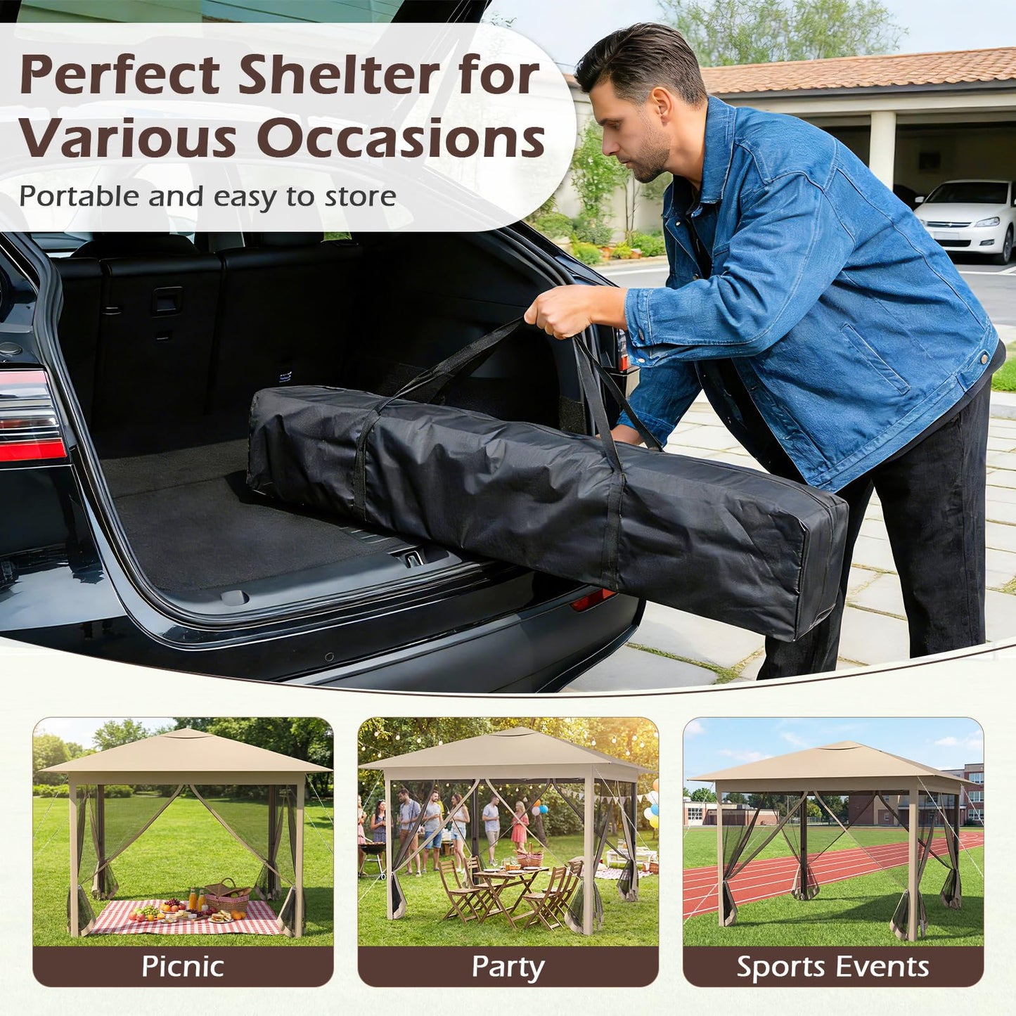 Happygrill 11.5 X 11.5 FT Pop-up Canopy Tent, One-Person Easy Setup Outdoor Screen Gazebo w/Mesh Netting, Vented Top, 4 Doors, Carry Bag, Portable Heavy-Duty Sun Shelter for Party Picnic (Beige)