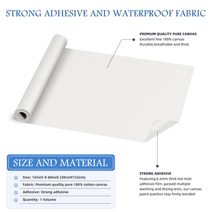KING MOUNTAIN Canvas Iron on Patch,12"×60",Waterproof 100% Cotton Fabric Repair Patch,Used for Various Sofa,Tent,Clothes,Seats,Suitcases (White,Waterproof)