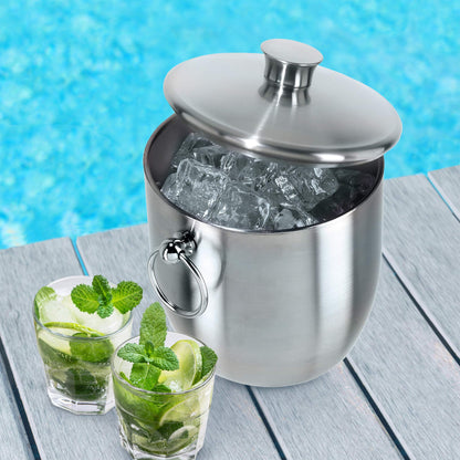OGGI Double Wall Stainless Steel Ice Bucket - Insulated Ice Bucket with Elegant Steel Lid, Classic Handles Tongs - Great for Home Bar, Chilling Beer, Champagne and Wine - 3 qt (Pack of 3)