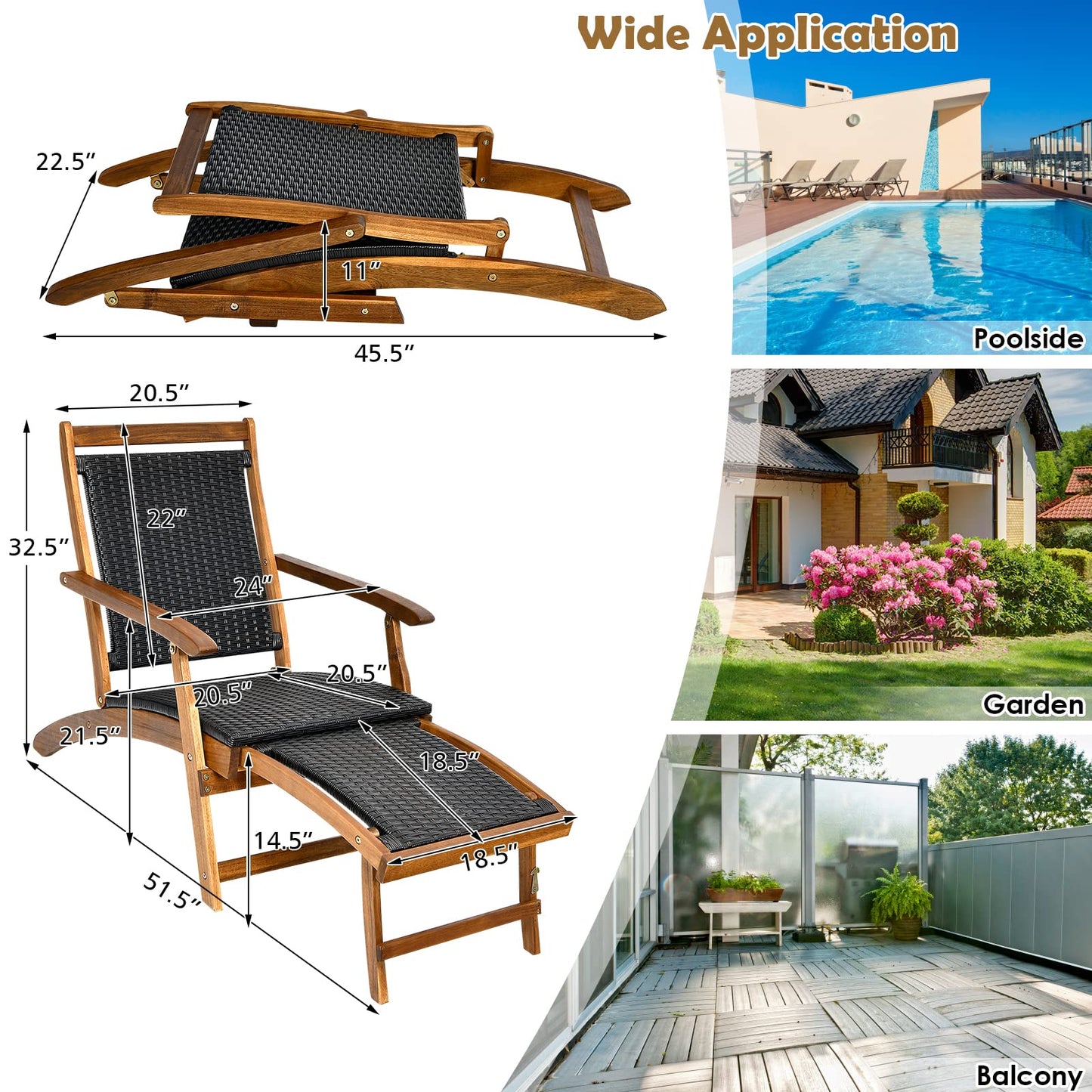 COSTWAY Patio Folding Rattan Lounge Chair, Acacia Solid Wood Frame, Low Deck Chair with Convenient Retractable Footrest, 24” x 51.5” x 32.5”