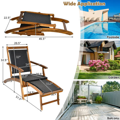 COSTWAY Patio Folding Rattan Lounge Chair, Acacia Solid Wood Frame, Low Deck Chair with Convenient Retractable Footrest, 24” x 51.5” x 32.5”