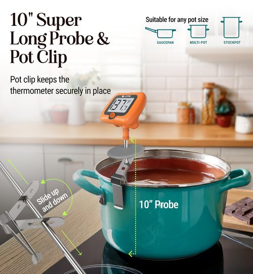 Digital Candy Thermometer with Pot Clip, 10" Long Stainless Steel Probe, Instant Read Kitchen Thermometer for Cooking, Baking, and Candy Making