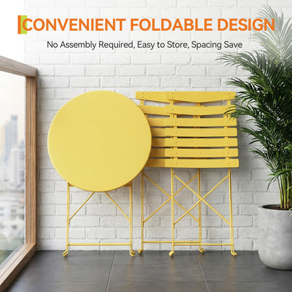GarveeHome 3 Piece Foldable Patio Bistro Set, Outdoor/Indoor Metal Table and Chairs Furniture, Compact Round Table with 2 Folding Chairs for Balcony, Porch, Garden, Apartment, Small Space, Yellow