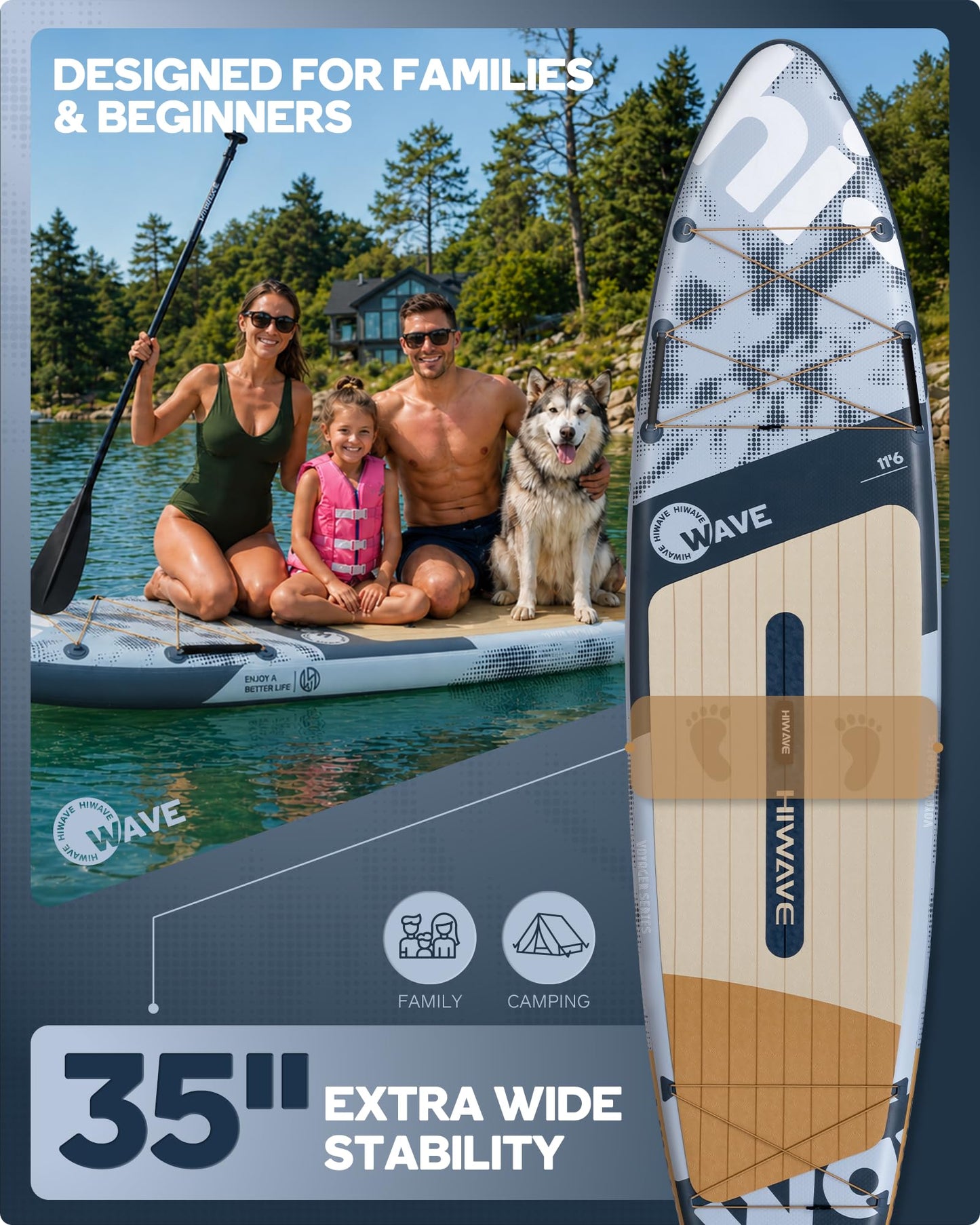 Hiwave Stable All Around Stand Up Paddleboard W/Enhanced Balance,Extra Wide 35, 450 lb High Weight Capacity,11'6"*35"*6",for Beginners,Intermediate, Family,Couples,Lake and Ocean Touring