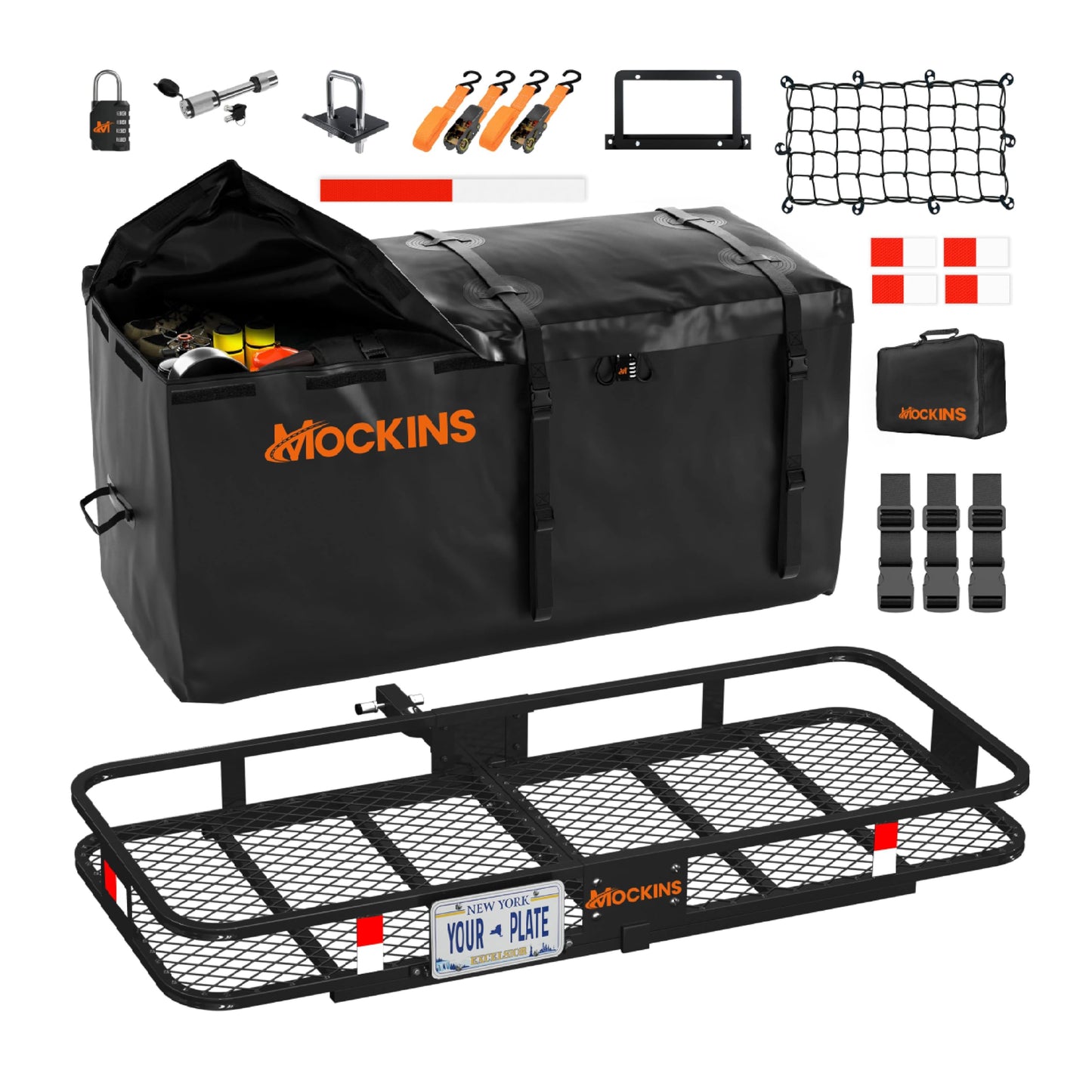 Mockins 60"x24"x6" Heavy Duty Trailer Hitch Cargo Carrier & 25 CuFt Waterproof Cargo Bag for Hitch Carrier | 500 Lbs. Capacity Folding Luggage Rack for SUV Car Truck with Plate Bracket & Accessories