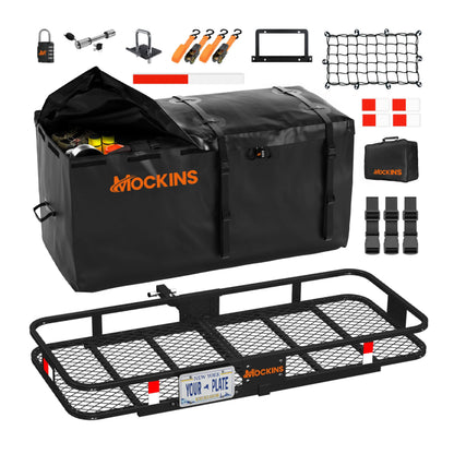 Mockins 60"x24"x6" Heavy Duty Trailer Hitch Cargo Carrier & 25 CuFt Waterproof Cargo Bag for Hitch Carrier | 500 Lbs. Capacity Folding Luggage Rack for SUV Car Truck with Plate Bracket & Accessories