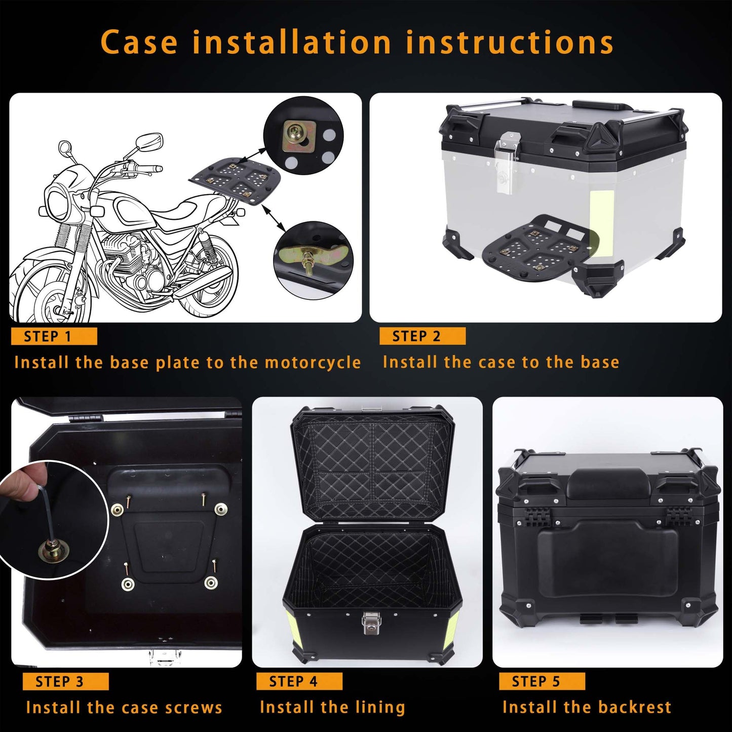Kosoley Motorcycle Top Case 57L Trunk Tail Box Bag Aluminum alloy handle with Leather Lining Anti-Theft with Lock & Back Cushion Waterproof Dustproof Easy Installation with Universal Bracket Black