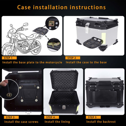 Kosoley Motorcycle Top Case 57L Trunk Tail Box Bag Aluminum alloy handle with Leather Lining Anti-Theft with Lock & Back Cushion Waterproof Dustproof Easy Installation with Universal Bracket Black