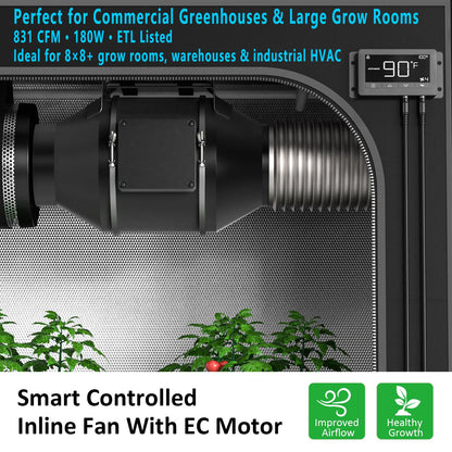 Toolazy 8 Inch Inline Duct Fan with WiFi App Control, 831 CFM Quiet EC Motor Ventilation Fan with Temperature Humidity Sensor, Smart Exhaust Fan for Large Grow Tent, Hydroponics, HVAC, Commercial Use