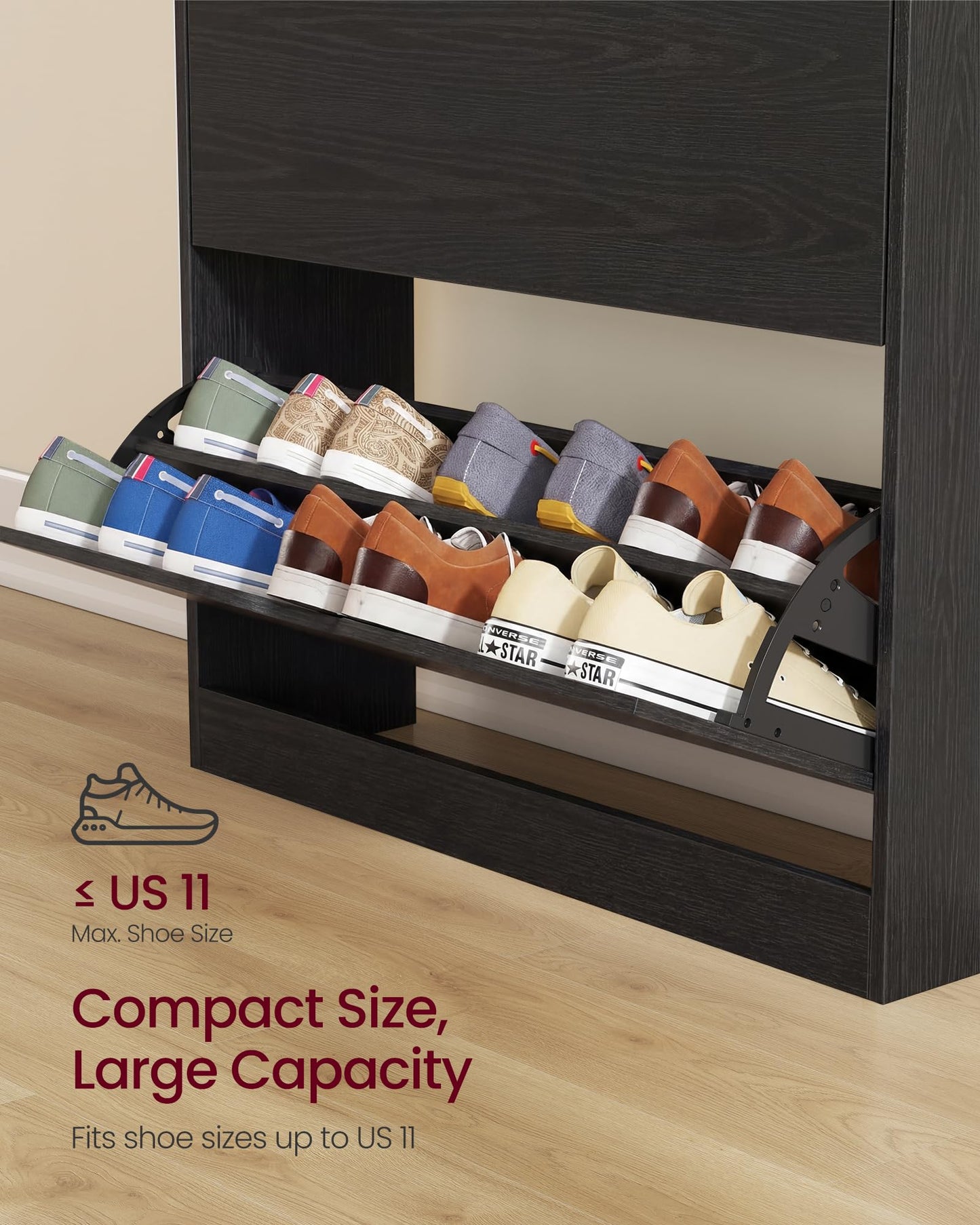 VASAGLE Custos Collection - Shoe Cabinet, Shoe Organizer, Open Compartment, Adjustable and Removable Dividers, 3 Flip Drawers, 9.4 x 31.5 x 54.5 Inches, for 21-24 Pairs, Ebony Black ULBC043BC01