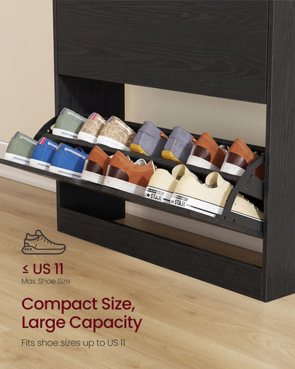VASAGLE Custos Collection - Shoe Cabinet, Shoe Organizer, Open Compartment, Adjustable and Removable Dividers, 3 Flip Drawers, 9.4 x 31.5 x 54.5 Inches, for 21-24 Pairs, Ebony Black ULBC043BC01
