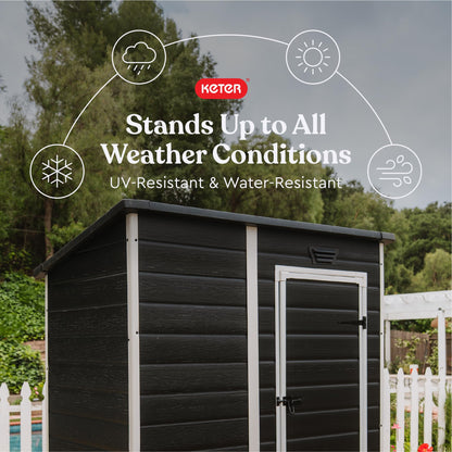 Keter Essential Shed 4x6 Resin Outdoor Storage Shed Ideal Storage for Patio Furniture, Garden Tools Bike Accessories, Beach Chairs and Lawn Mower, Black and White