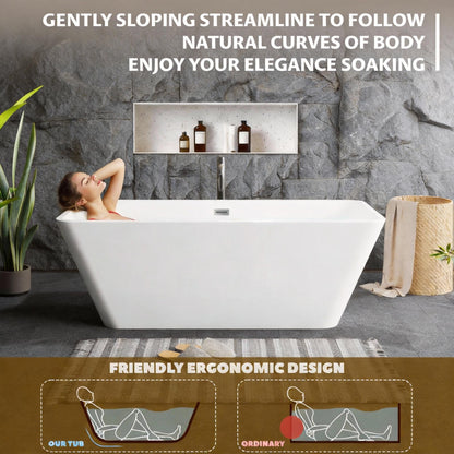 59" Freestanding Bathtub, Modern Soaking Bathtub, Freestanding Rectangular Tub with Non-Slip Base and Easy Drain, Deep Design for Adults, Ideal for Bathroom Relaxation, Chrome Drain, White