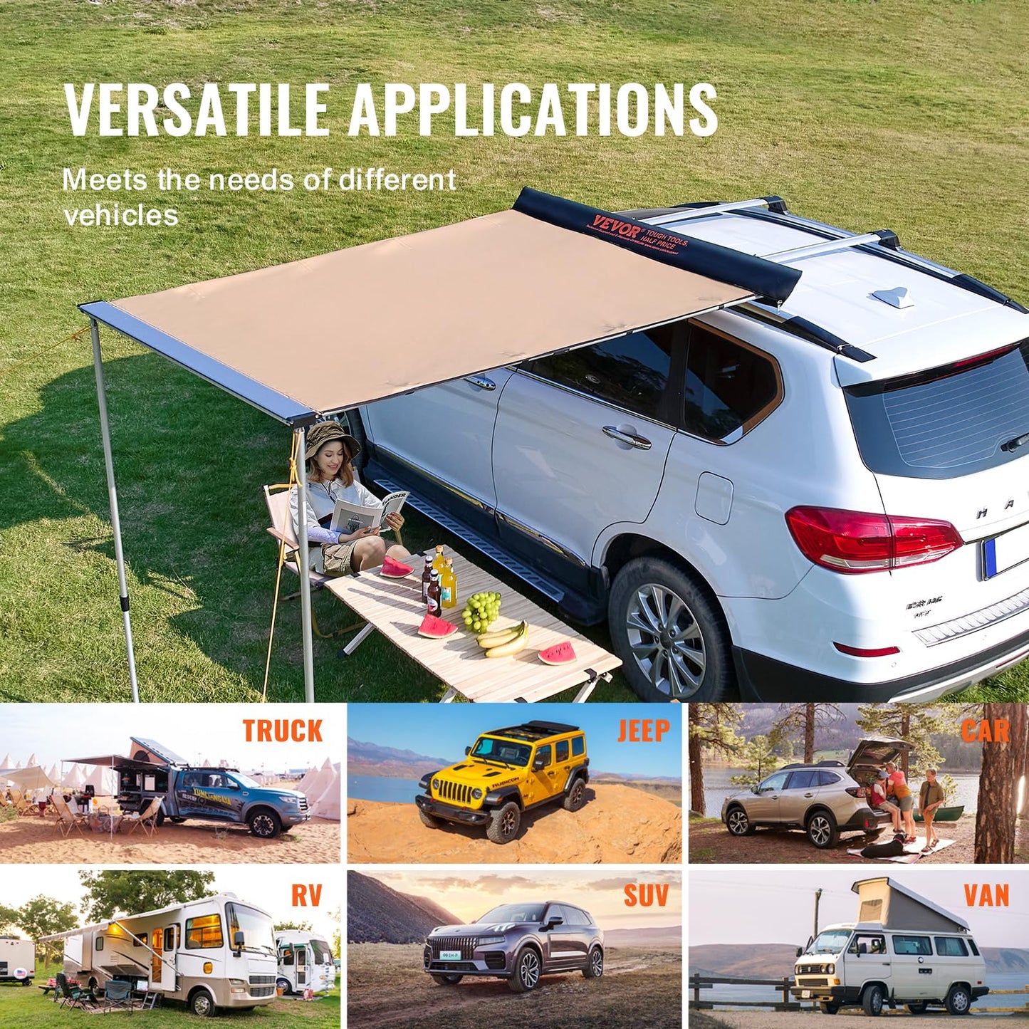 VEVOR Vehicle Awning 6.6'x8.2' Roof Rack Pull-Out Sun Shade UV50+ PU3000mm, Retractable Weatherproof 4x4 Side Awning for SUV Outdoor Camping & Overland (Hardware Included), w/Waterproof Storage Bag