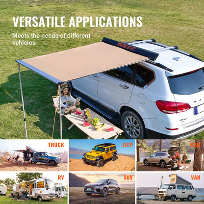 VEVOR Vehicle Awning 6.6'x8.2' Roof Rack Pull-Out Sun Shade UV50+ PU3000mm, Retractable Weatherproof 4x4 Side Awning for SUV Outdoor Camping & Overland (Hardware Included), w/Waterproof Storage Bag
