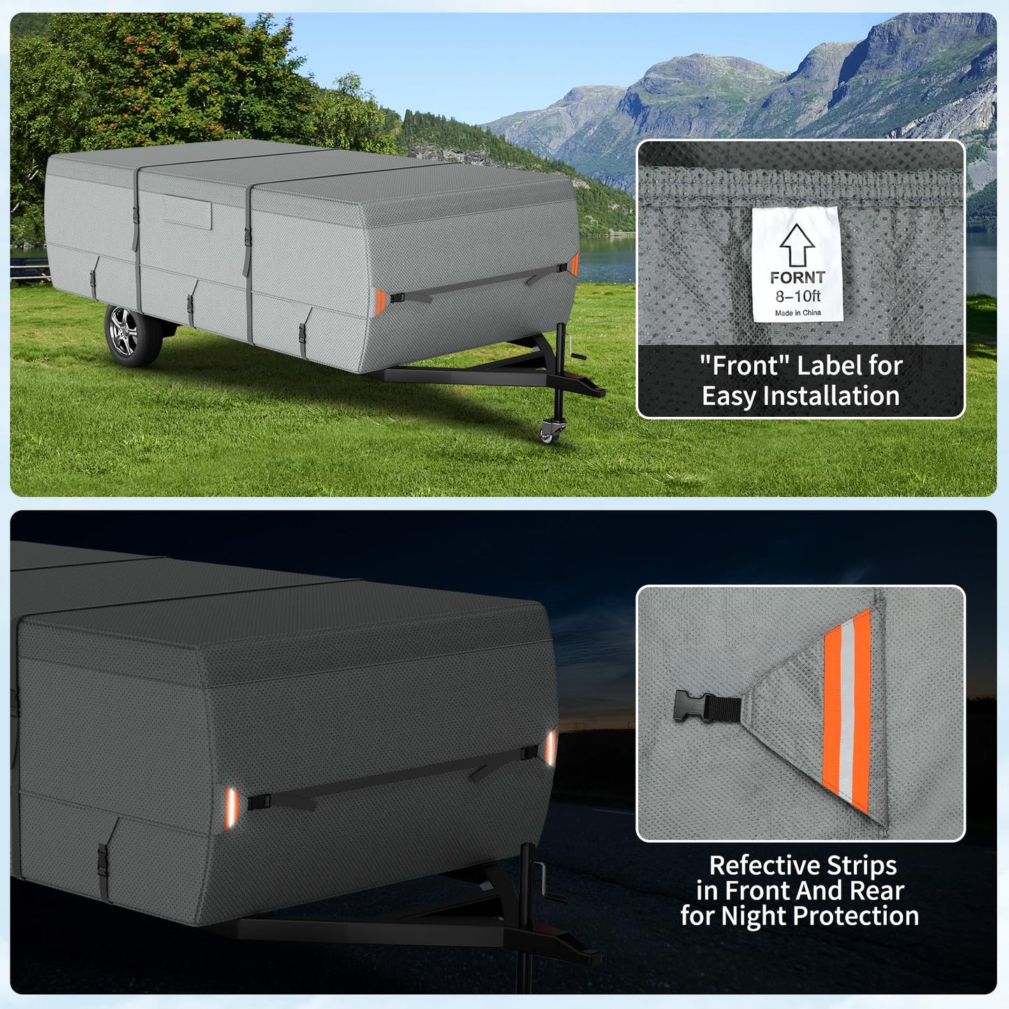 Tuszom 7 Layers Pop Up Camper Cover, Waterproof Folding Camping Trailer Cover for Winter Snow Upgraded Tearproof RV Cover with Windproof 5+2 Straps (7 Layers Non-Woven Fabric, 14'-16' Length), Gray