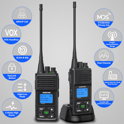 SAMCOM Heavy Duty Walkie Talkies, FPCN30A 5 Watts High Grade Professional Two Way Radio, Group Call Radios with Earpiece, 2 Way Radio Long Range for Business Outdoor Hunting (2 Pack)