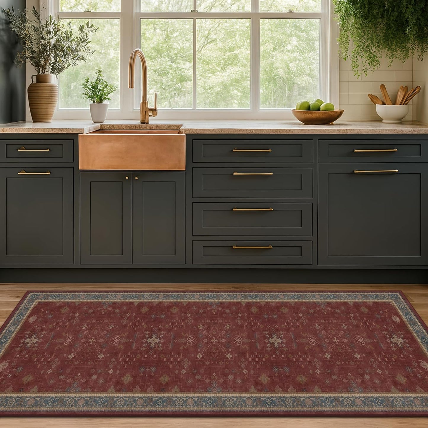 Turkish Kitchen Runner Rugs by [Brand Name] - Non-Skid & Washable | Dark Red, Ideal for Hallway & Bedroom