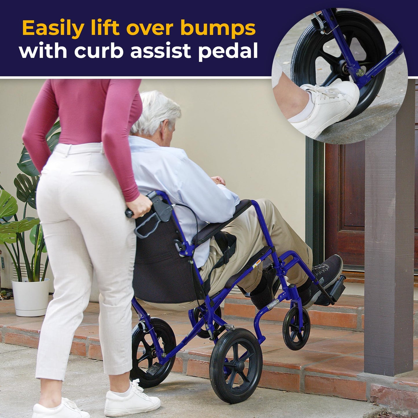 Drive Medical Lightweight Expedition Folding Transport Wheelchair with Hand Brakes - Portable Support - Large Rear Wheels - Compact Folding - Comfortable Design - Blue